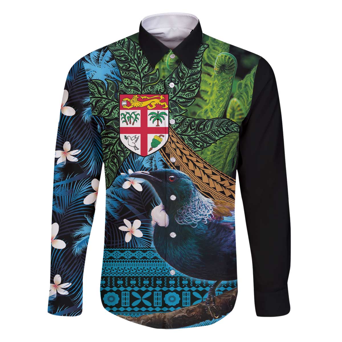 Fiji and New Zealand Tui Bird Family Matching Puletasi and Hawaiian Shirt Koru Fern Leafs and Palm Tree With Plumeria LT03 Dad's Shirt - Long Sleeve Blue - Polynesian Pride