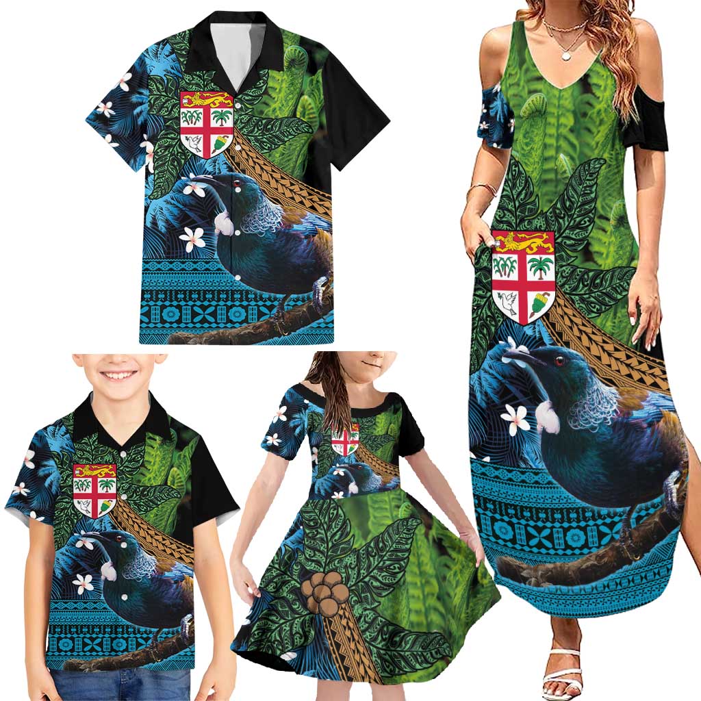 Fiji and New Zealand Tui Bird Family Matching Summer Maxi Dress and Hawaiian Shirt Koru Fern Leafs and Palm Tree With Plumeria LT03 - Polynesian Pride