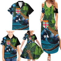 Fiji and New Zealand Tui Bird Family Matching Summer Maxi Dress and Hawaiian Shirt Koru Fern Leafs and Palm Tree With Plumeria LT03 - Polynesian Pride
