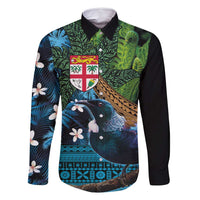 Fiji and New Zealand Tui Bird Family Matching Summer Maxi Dress and Hawaiian Shirt Koru Fern Leafs and Palm Tree With Plumeria LT03 Dad's Shirt - Long Sleeve Blue - Polynesian Pride