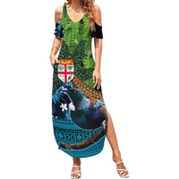 Fiji and New Zealand Tui Bird Family Matching Summer Maxi Dress and Hawaiian Shirt Koru Fern Leafs and Palm Tree With Plumeria LT03 Mom's Dress Blue - Polynesian Pride