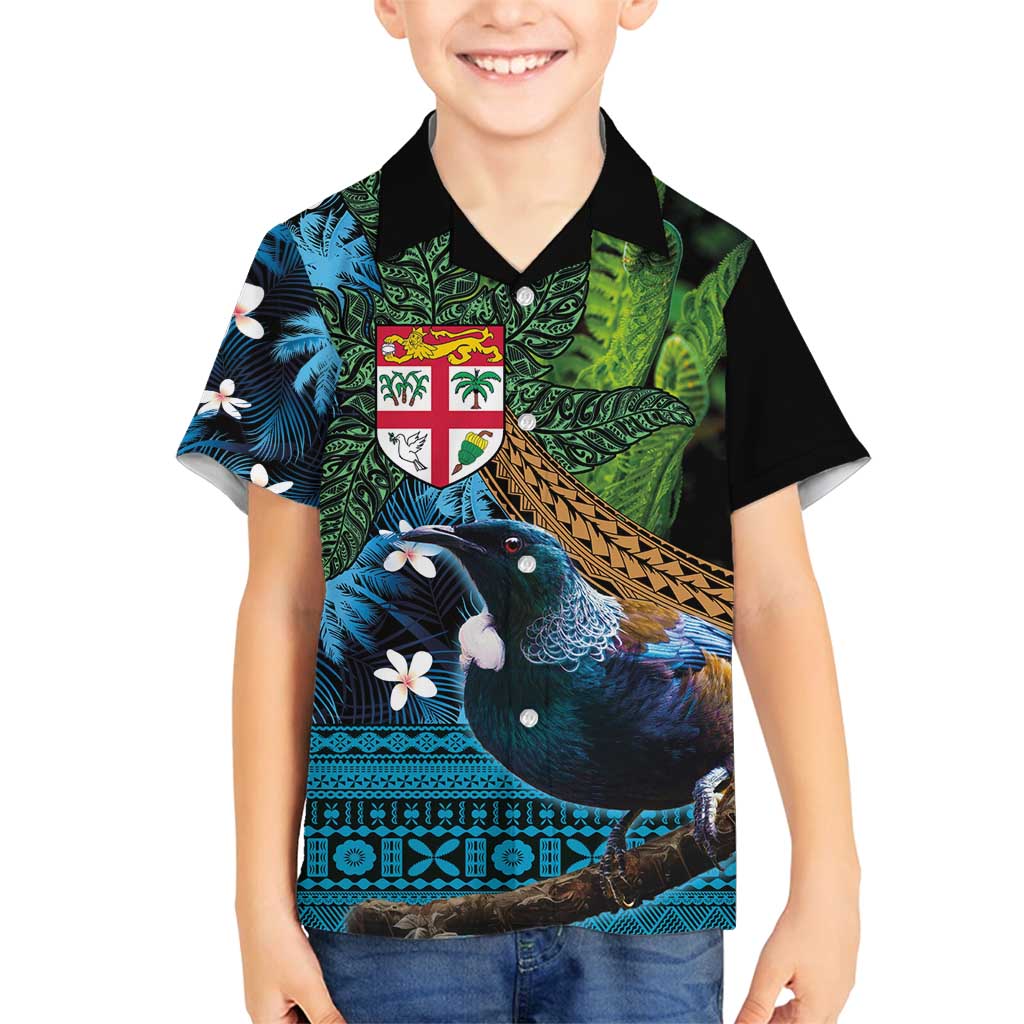 Fiji and New Zealand Tui Bird Family Matching Summer Maxi Dress and Hawaiian Shirt Koru Fern Leafs and Palm Tree With Plumeria LT03 Son's Shirt Blue - Polynesian Pride