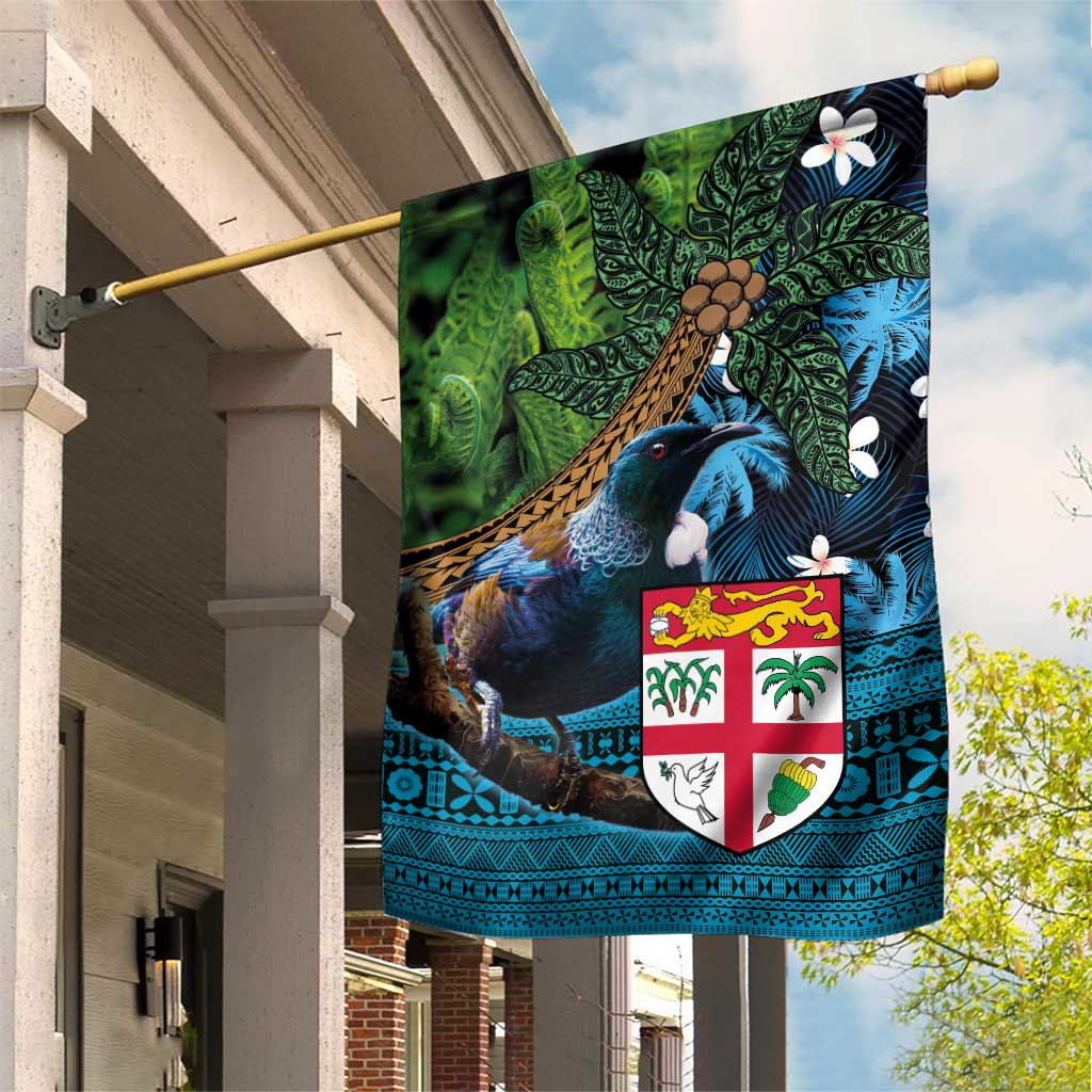 Fiji and New Zealand Tui Bird Garden Flag Koru Fern Leafs and Palm Tree With Plumeria LT03 House Flag Blue - Polynesian Pride