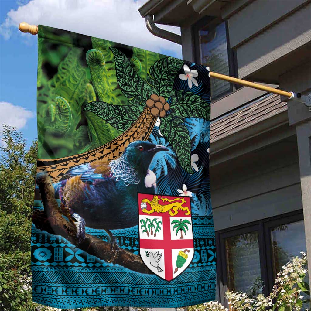 Fiji and New Zealand Tui Bird Garden Flag Koru Fern Leafs and Palm Tree With Plumeria LT03 - Polynesian Pride