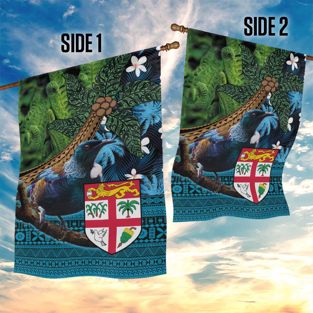 Fiji and New Zealand Tui Bird Garden Flag Koru Fern Leafs and Palm Tree With Plumeria LT03 - Polynesian Pride