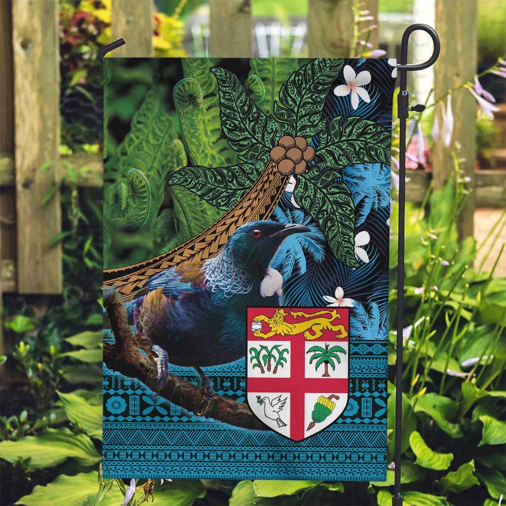 Fiji and New Zealand Tui Bird Garden Flag Koru Fern Leafs and Palm Tree With Plumeria LT03 Garden Flag Blue - Polynesian Pride