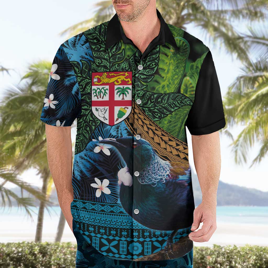 Fiji and New Zealand Tui Bird Hawaiian Shirt Koru Fern Leafs and Palm Tree With Plumeria LT03 - Polynesian Pride