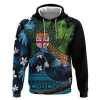 Fiji and New Zealand Tui Bird Hoodie Koru Fern Leafs and Palm Tree With Plumeria LT03 Pullover Hoodie Blue - Polynesian Pride