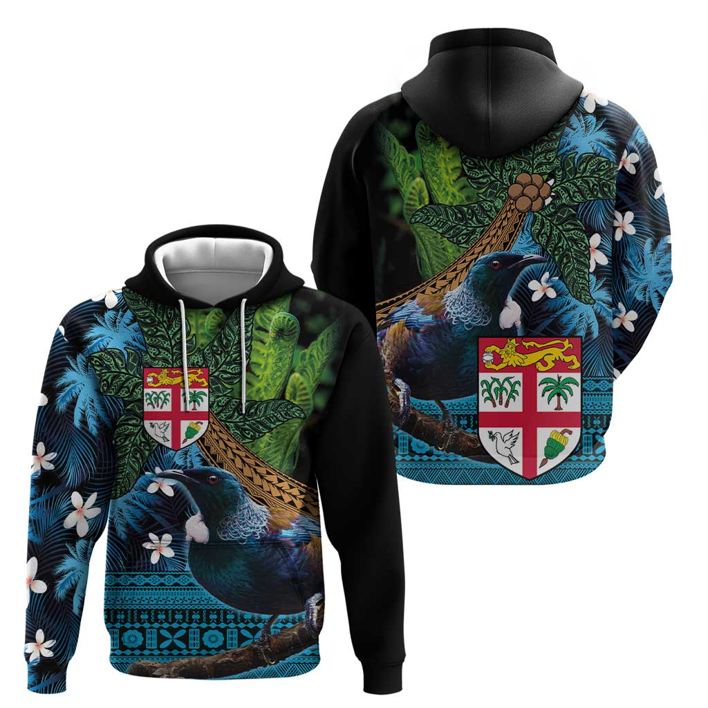 Fiji and New Zealand Tui Bird Hoodie Koru Fern Leafs and Palm Tree With Plumeria LT03 - Polynesian Pride