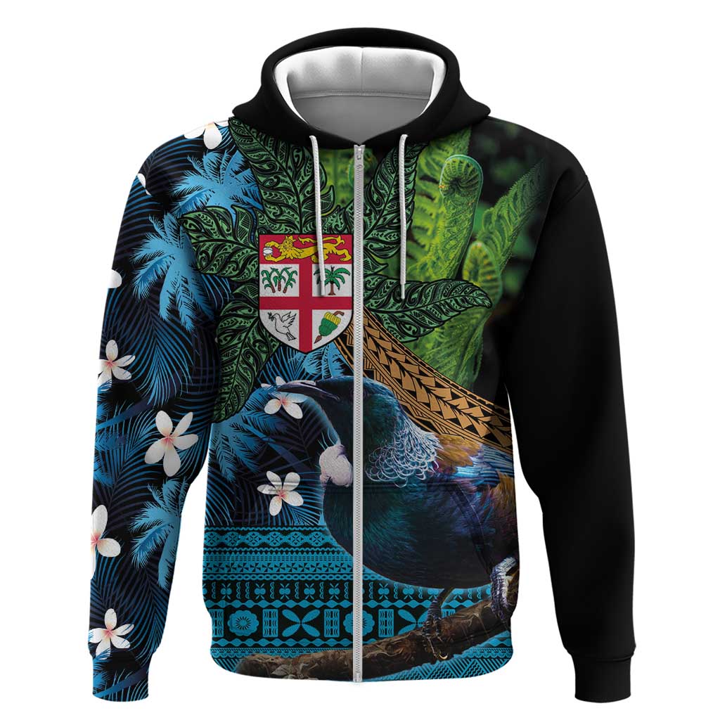 Fiji and New Zealand Tui Bird Hoodie Koru Fern Leafs and Palm Tree With Plumeria LT03 Zip Hoodie Blue - Polynesian Pride