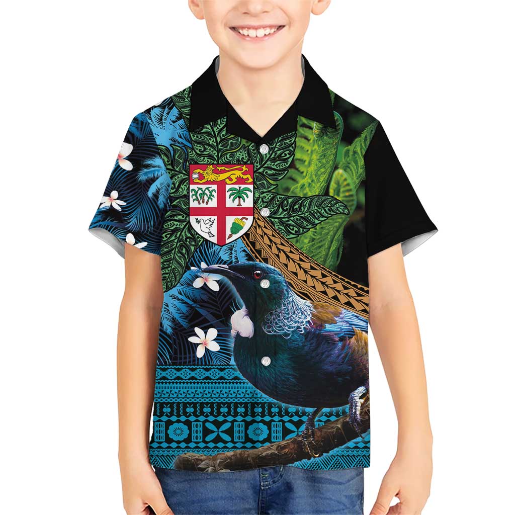 Fiji and New Zealand Tui Bird Kid Hawaiian Shirt Koru Fern Leafs and Palm Tree With Plumeria LT03 Kid Blue - Polynesian Pride