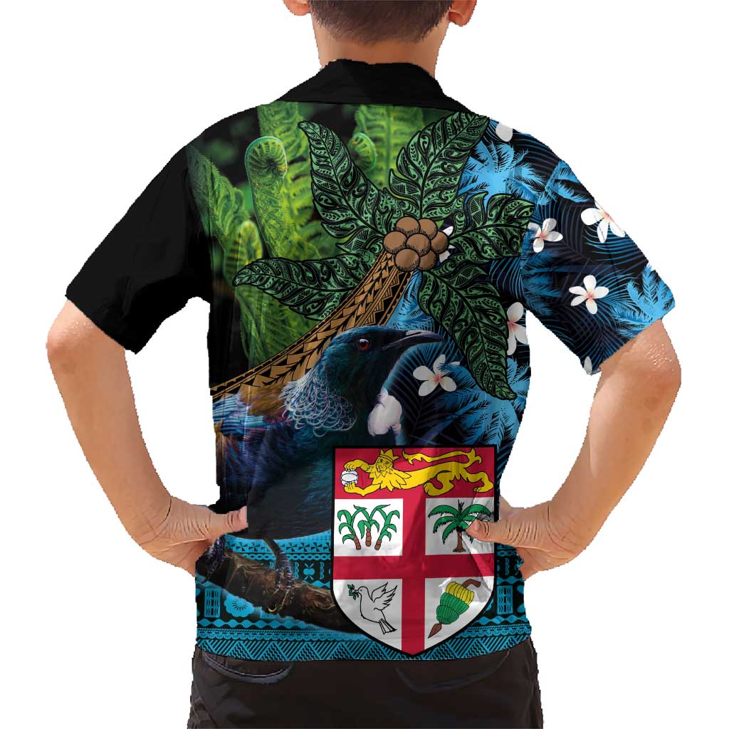 Fiji and New Zealand Tui Bird Kid Hawaiian Shirt Koru Fern Leafs and Palm Tree With Plumeria LT03 - Polynesian Pride