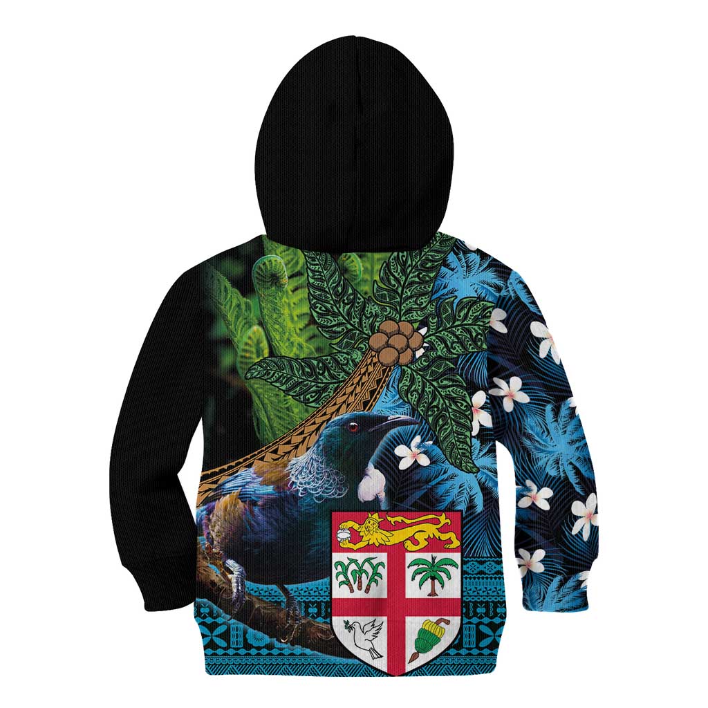 Fiji and New Zealand Tui Bird Kid Hoodie Koru Fern Leafs and Palm Tree With Plumeria LT03 - Polynesian Pride