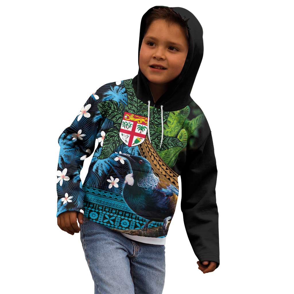 Fiji and New Zealand Tui Bird Kid Hoodie Koru Fern Leafs and Palm Tree With Plumeria LT03 - Polynesian Pride