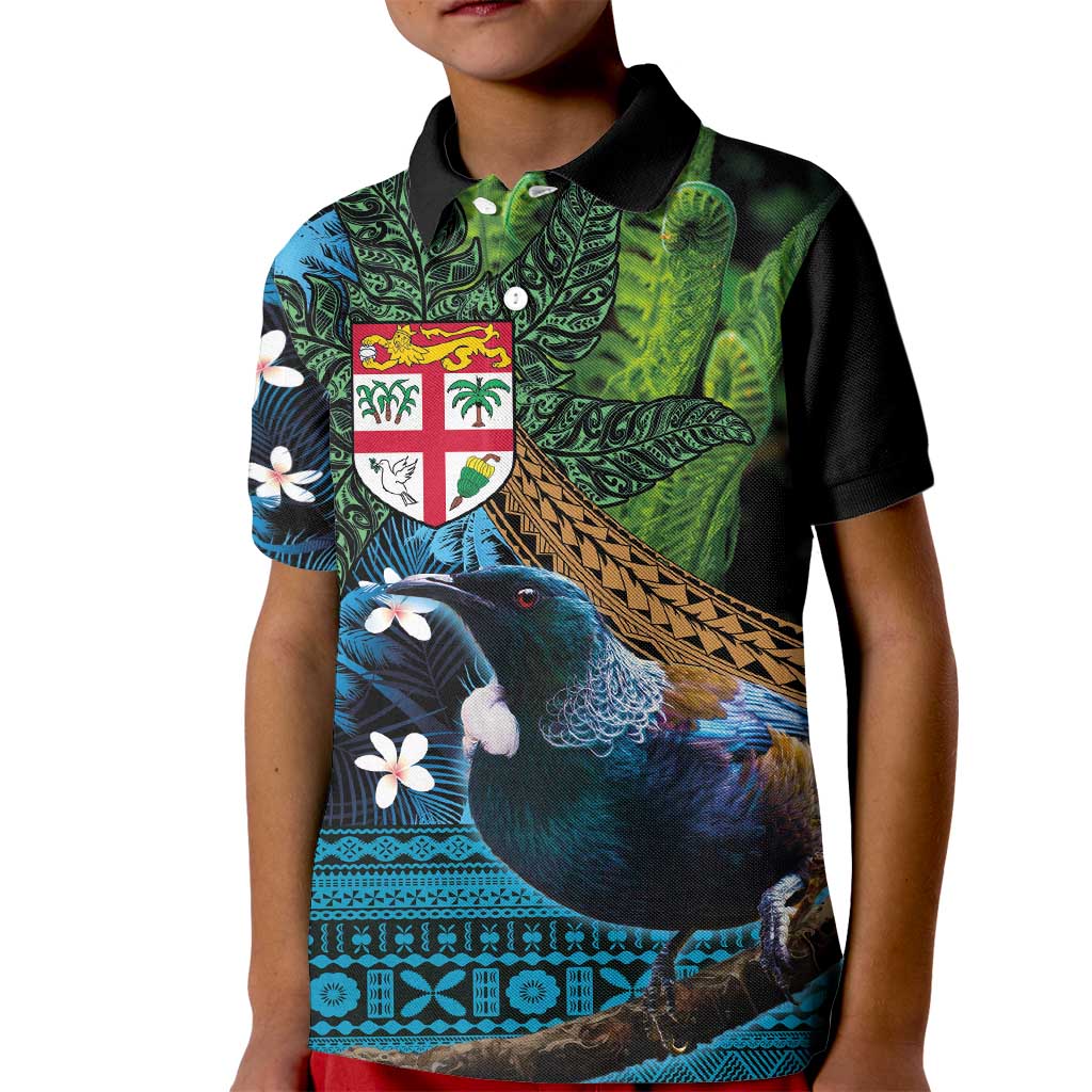 Fiji and New Zealand Tui Bird Kid Polo Shirt Koru Fern Leafs and Palm Tree With Plumeria LT03 Kid Blue - Polynesian Pride
