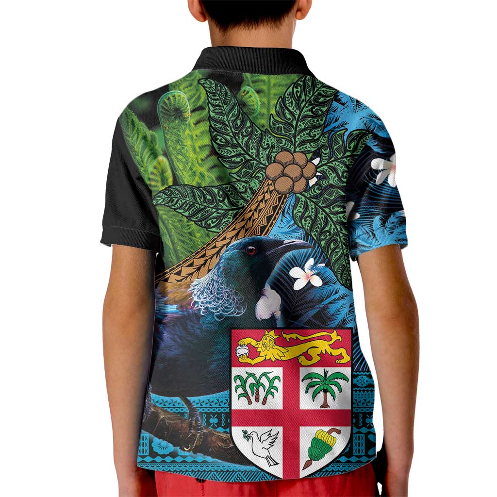 Fiji and New Zealand Tui Bird Kid Polo Shirt Koru Fern Leafs and Palm Tree With Plumeria LT03 - Polynesian Pride