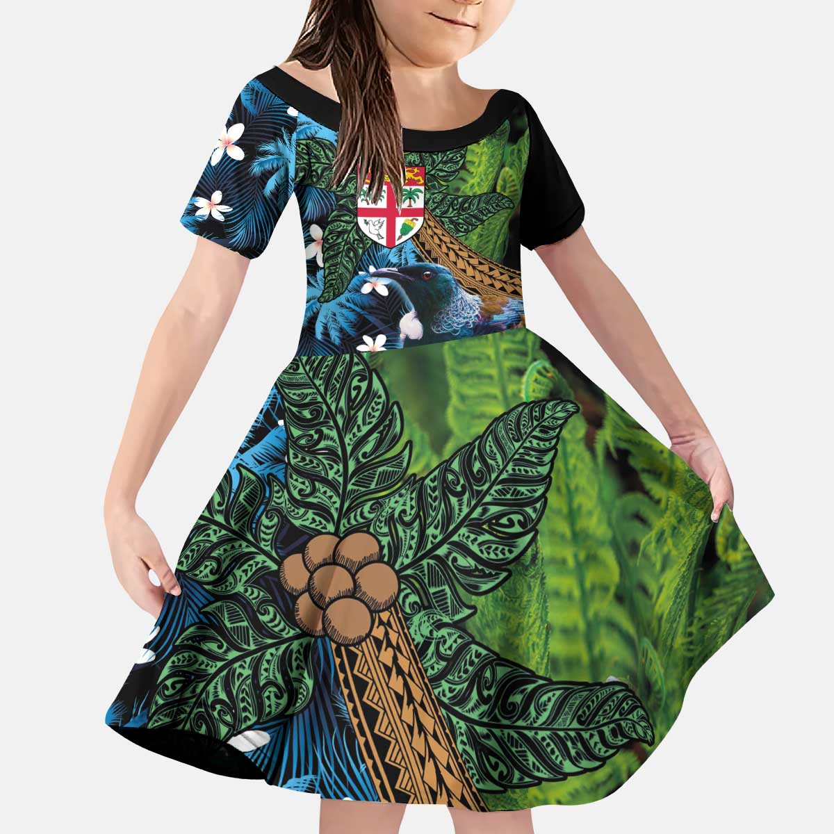 Fiji and New Zealand Tui Bird Kid Short Sleeve Dress Koru Fern Leafs and Palm Tree With Plumeria LT03 KID Blue - Polynesian Pride