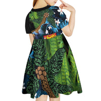 Fiji and New Zealand Tui Bird Kid Short Sleeve Dress Koru Fern Leafs and Palm Tree With Plumeria LT03 - Polynesian Pride