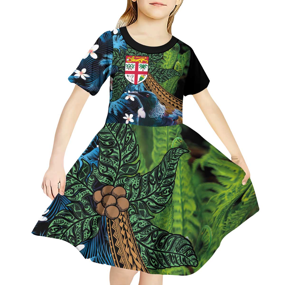 Fiji and New Zealand Tui Bird Kid Short Sleeve Dress Koru Fern Leafs and Palm Tree With Plumeria LT03 - Polynesian Pride