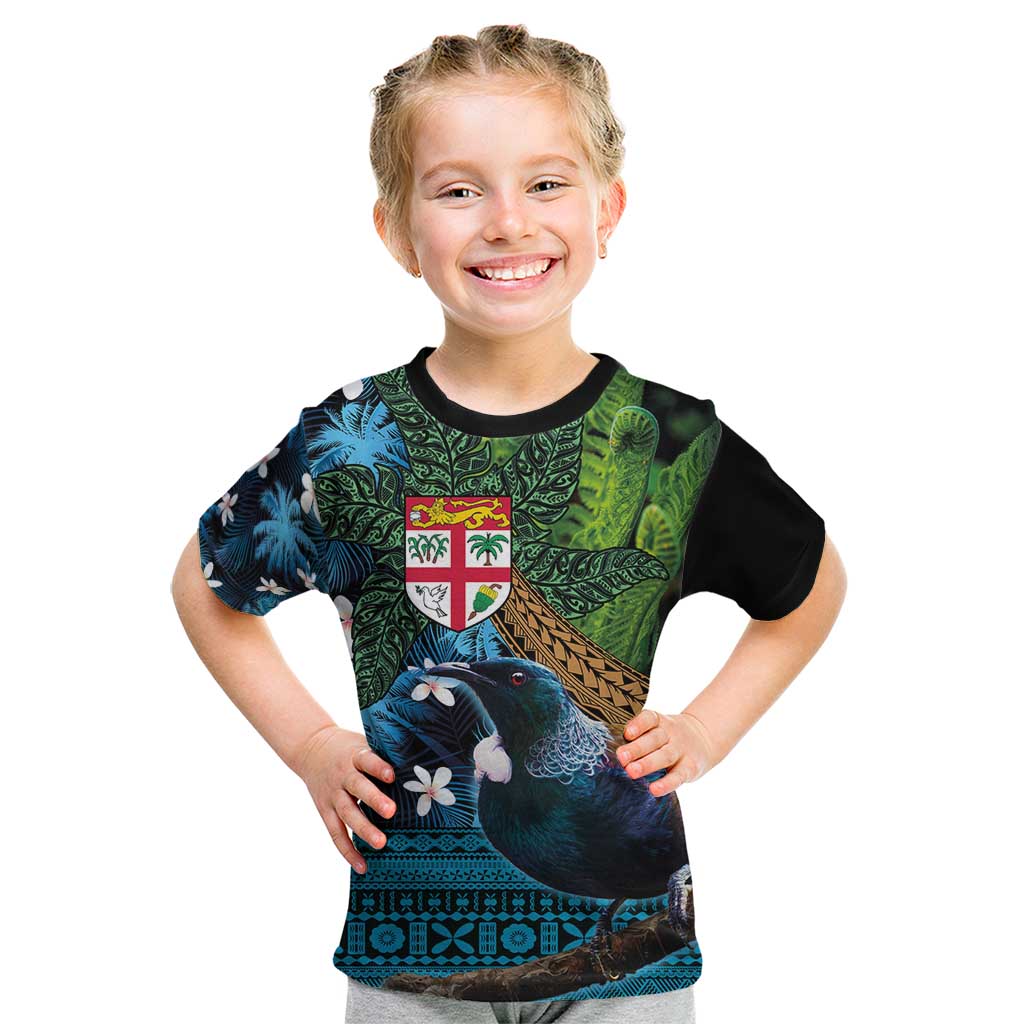Fiji and New Zealand Tui Bird Kid T Shirt Koru Fern Leafs and Palm Tree With Plumeria LT03 Blue - Polynesian Pride