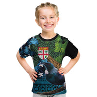 Fiji and New Zealand Tui Bird Kid T Shirt Koru Fern Leafs and Palm Tree With Plumeria LT03 Blue - Polynesian Pride