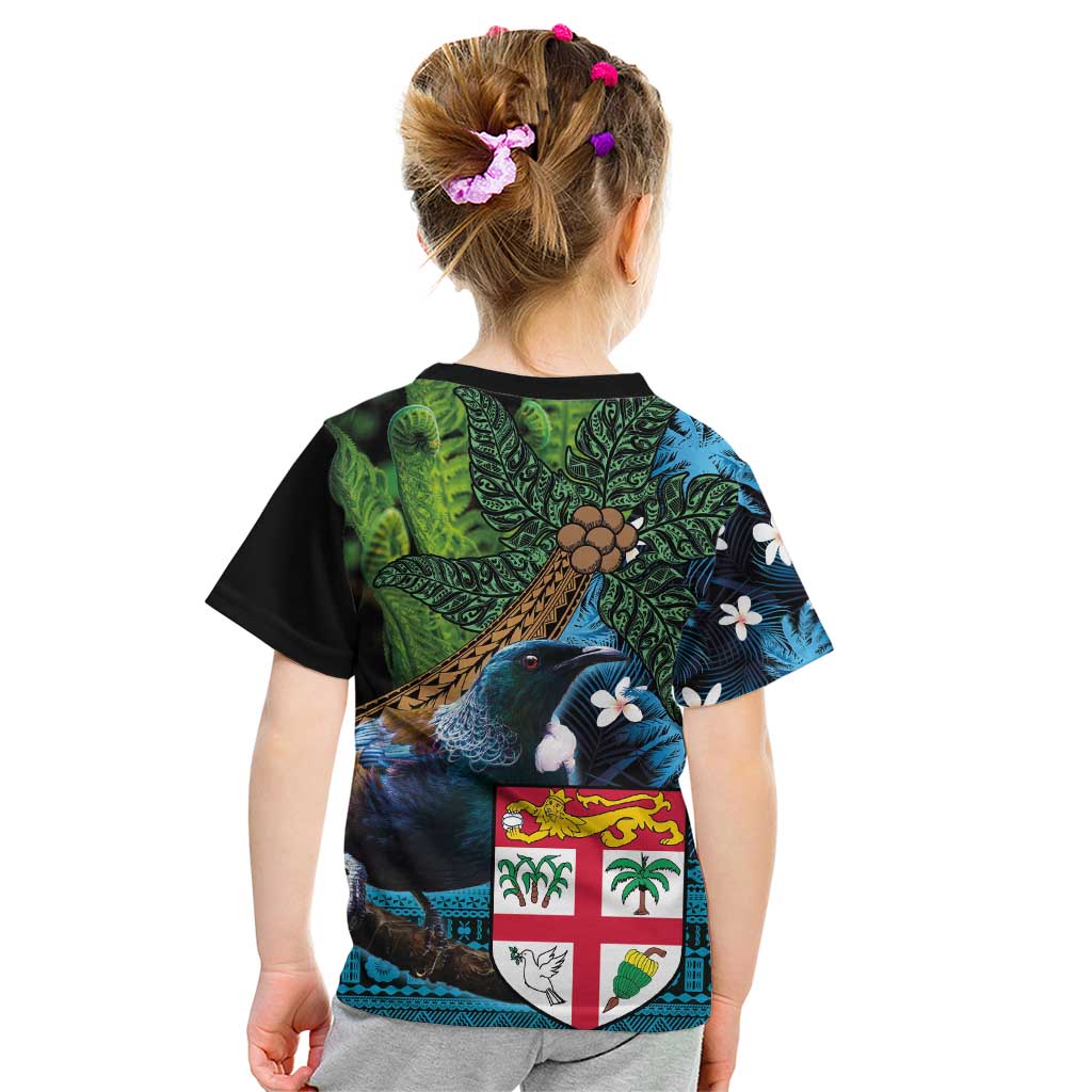 Fiji and New Zealand Tui Bird Kid T Shirt Koru Fern Leafs and Palm Tree With Plumeria LT03 - Polynesian Pride