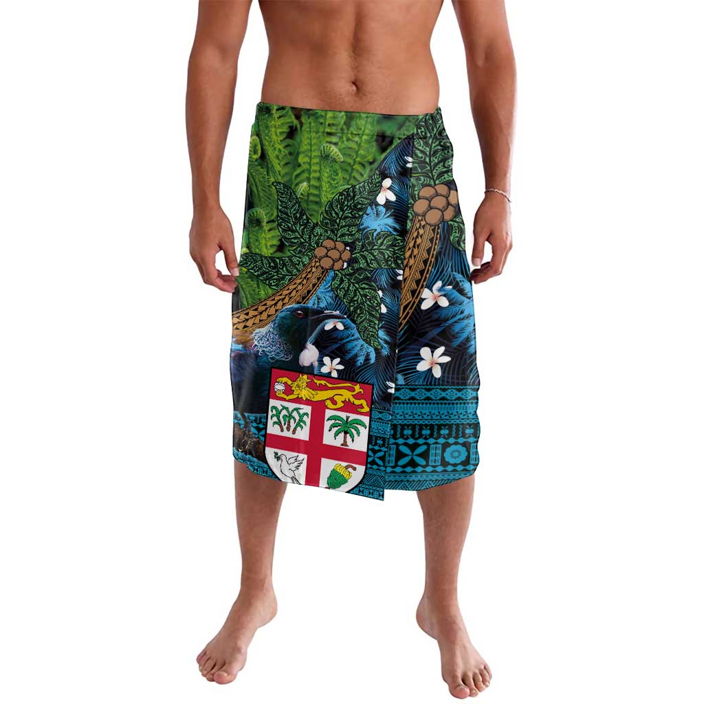 Fiji and New Zealand Tui Bird Lavalava Koru Fern Leafs and Palm Tree With Plumeria LT03 Blue - Polynesian Pride