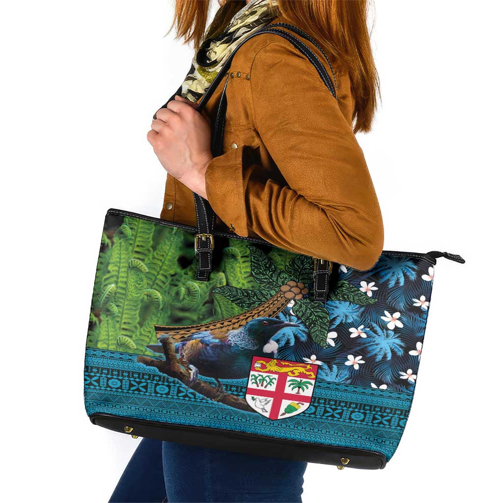 Fiji and New Zealand Tui Bird Leather Tote Bag Koru Fern Leafs and Palm Tree With Plumeria LT03 Blue - Polynesian Pride