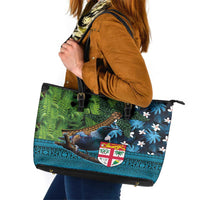 Fiji and New Zealand Tui Bird Leather Tote Bag Koru Fern Leafs and Palm Tree With Plumeria LT03 Blue - Polynesian Pride