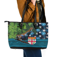 Fiji and New Zealand Tui Bird Leather Tote Bag Koru Fern Leafs and Palm Tree With Plumeria LT03 - Polynesian Pride