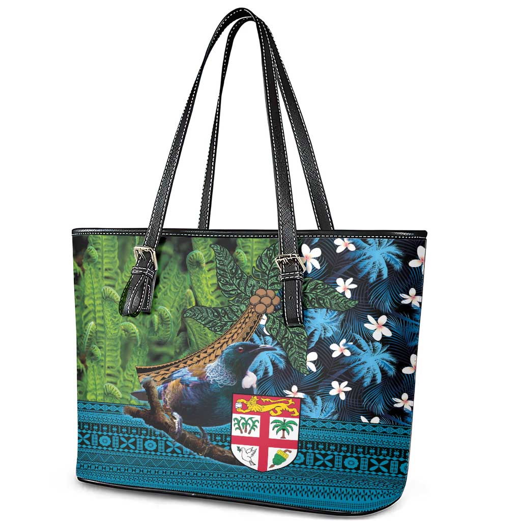 Fiji and New Zealand Tui Bird Leather Tote Bag Koru Fern Leafs and Palm Tree With Plumeria LT03 - Polynesian Pride