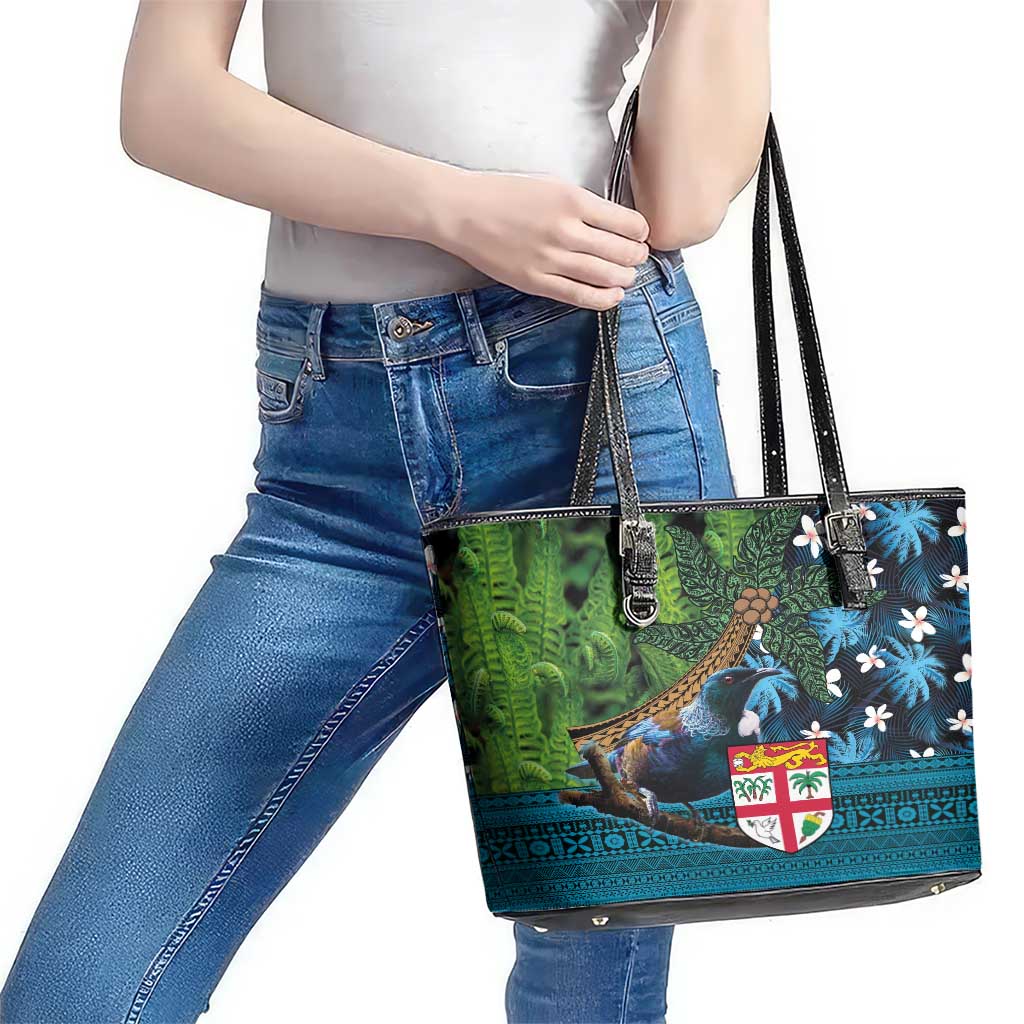 Fiji and New Zealand Tui Bird Leather Tote Bag Koru Fern Leafs and Palm Tree With Plumeria LT03 - Polynesian Pride
