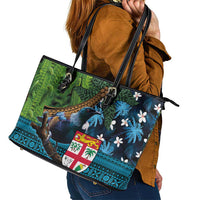 Fiji and New Zealand Tui Bird Leather Tote Bag Koru Fern Leafs and Palm Tree With Plumeria LT03 - Polynesian Pride