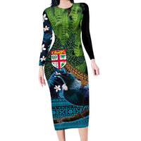 Fiji and New Zealand Tui Bird Long Sleeve Bodycon Dress Koru Fern Leafs and Palm Tree With Plumeria LT03 Long Dress Blue - Polynesian Pride