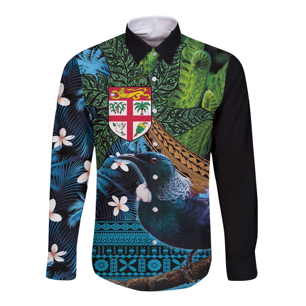 Fiji and New Zealand Tui Bird Long Sleeve Button Shirt Koru Fern Leafs and Palm Tree With Plumeria LT03 Unisex Blue - Polynesian Pride