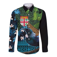 Fiji and New Zealand Tui Bird Long Sleeve Button Shirt Koru Fern Leafs and Palm Tree With Plumeria LT03 Unisex Blue - Polynesian Pride