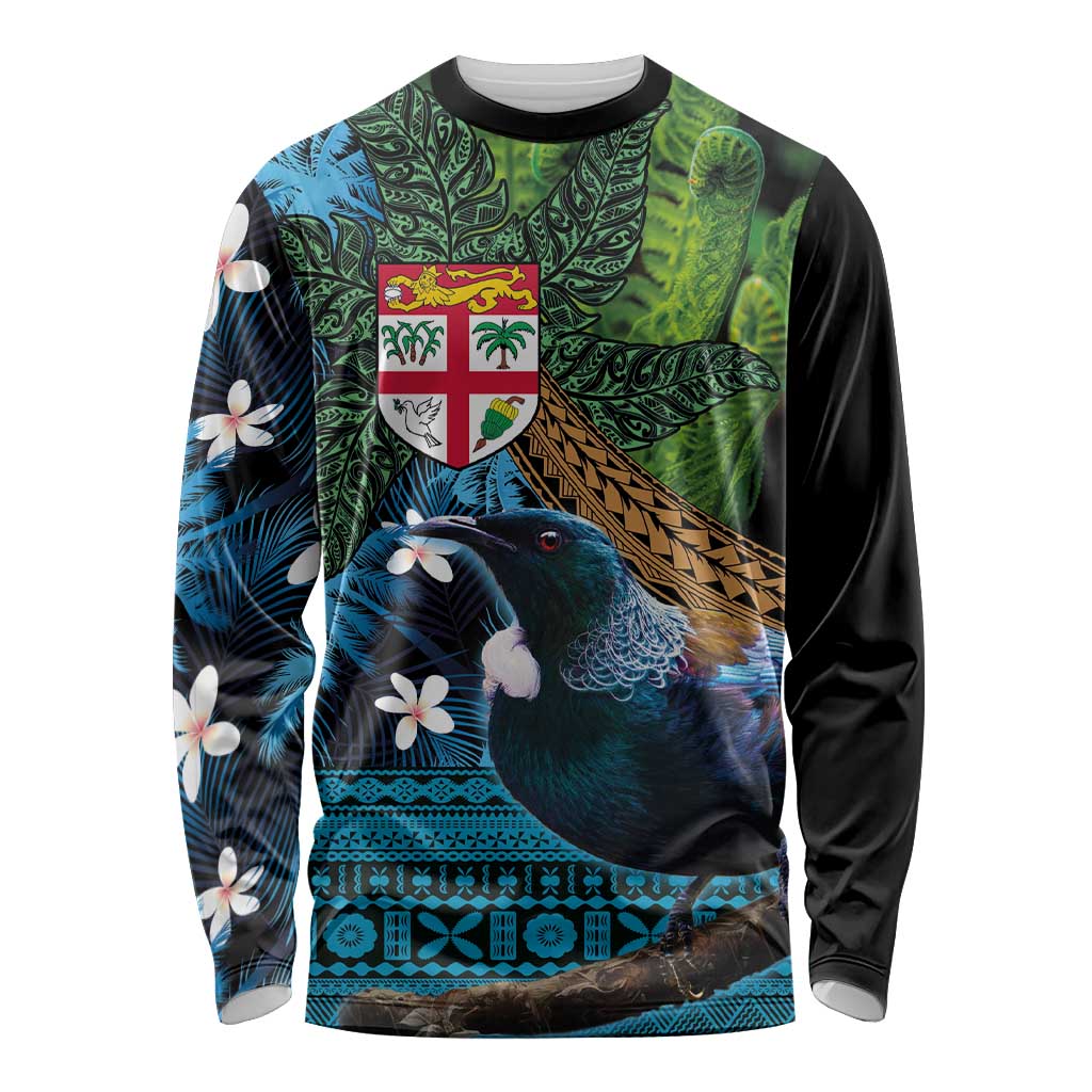 Fiji and New Zealand Tui Bird Long Sleeve Shirt Koru Fern Leafs and Palm Tree With Plumeria LT03 Unisex Blue - Polynesian Pride