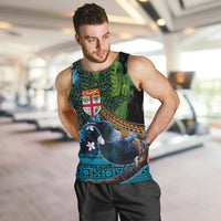 Fiji and New Zealand Tui Bird Men Tank Top Koru Fern Leafs and Palm Tree With Plumeria LT03 Blue - Polynesian Pride