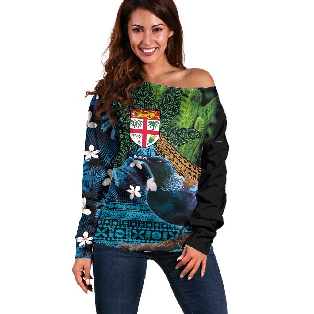 Fiji and New Zealand Tui Bird Off Shoulder Sweater Koru Fern Leafs and Palm Tree With Plumeria LT03 Women Blue - Polynesian Pride