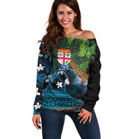 Fiji and New Zealand Tui Bird Off Shoulder Sweater Koru Fern Leafs and Palm Tree With Plumeria LT03 Women Blue - Polynesian Pride