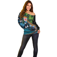 Fiji and New Zealand Tui Bird Off Shoulder Sweater Koru Fern Leafs and Palm Tree With Plumeria LT03 - Polynesian Pride