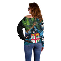 Fiji and New Zealand Tui Bird Off Shoulder Sweater Koru Fern Leafs and Palm Tree With Plumeria LT03 - Polynesian Pride