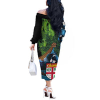 Fiji and New Zealand Tui Bird Off The Shoulder Long Sleeve Dress Koru Fern Leafs and Palm Tree With Plumeria LT03 - Polynesian Pride