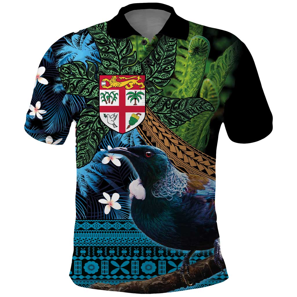 Fiji and New Zealand Tui Bird Polo Shirt Koru Fern Leafs and Palm Tree With Plumeria LT03 Blue - Polynesian Pride