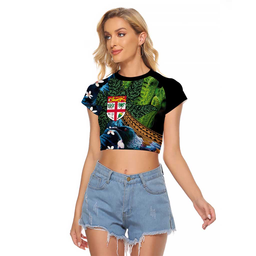 Fiji and New Zealand Tui Bird Raglan Cropped T Shirt Koru Fern Leafs and Palm Tree With Plumeria LT03 Female Blue - Polynesian Pride
