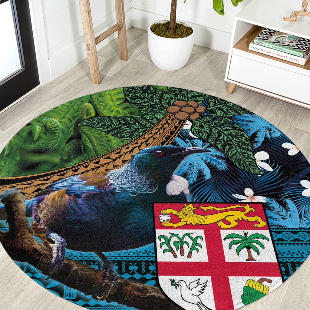 Fiji and New Zealand Tui Bird Round Carpet Koru Fern Leafs and Palm Tree With Plumeria LT03 Blue - Polynesian Pride