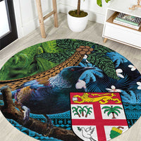 Fiji and New Zealand Tui Bird Round Carpet Koru Fern Leafs and Palm Tree With Plumeria LT03 Blue - Polynesian Pride