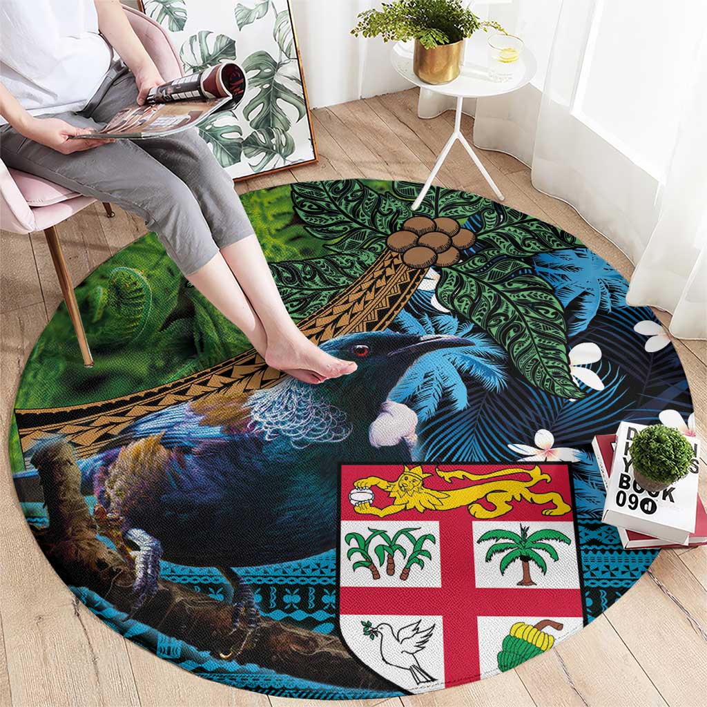 Fiji and New Zealand Tui Bird Round Carpet Koru Fern Leafs and Palm Tree With Plumeria LT03 - Polynesian Pride