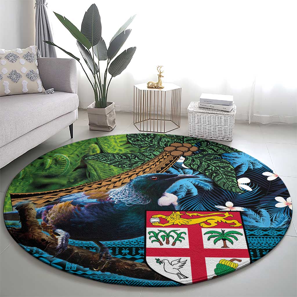 Fiji and New Zealand Tui Bird Round Carpet Koru Fern Leafs and Palm Tree With Plumeria LT03 - Polynesian Pride