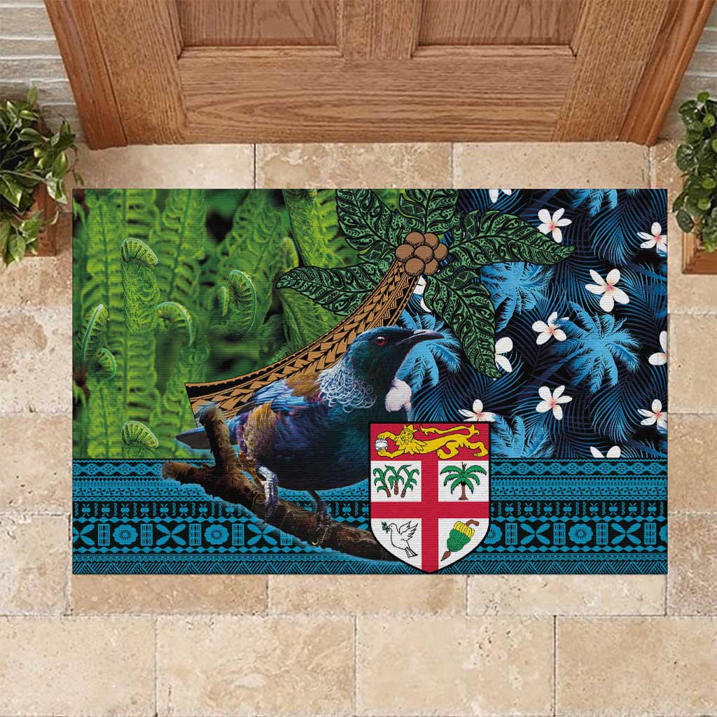 Fiji and New Zealand Tui Bird Rubber Doormat Koru Fern Leafs and Palm Tree With Plumeria LT03 Blue - Polynesian Pride